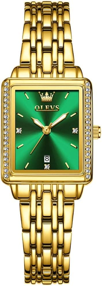 OLEVS Montre pour femme, petit cadran carré, montre de luxe dorée pour femme, montre élégante en acier inoxydable avec diamant