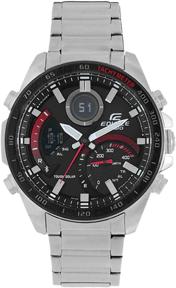 Casio Montre Solaire Homme 48.00mm avec Cadran Noir analogique/numérique et Bracelet en Bracelet en Acier Argent ECB-900DB-1AER