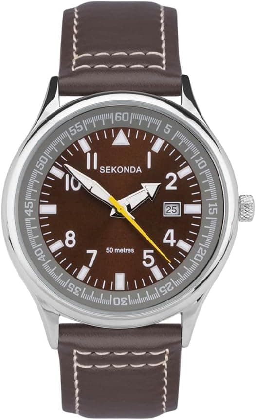 Sekonda Men's 42mm Pilot Style Quartz Watch with Analogue Display Date Window and Leather Strap 50m Water Resistant