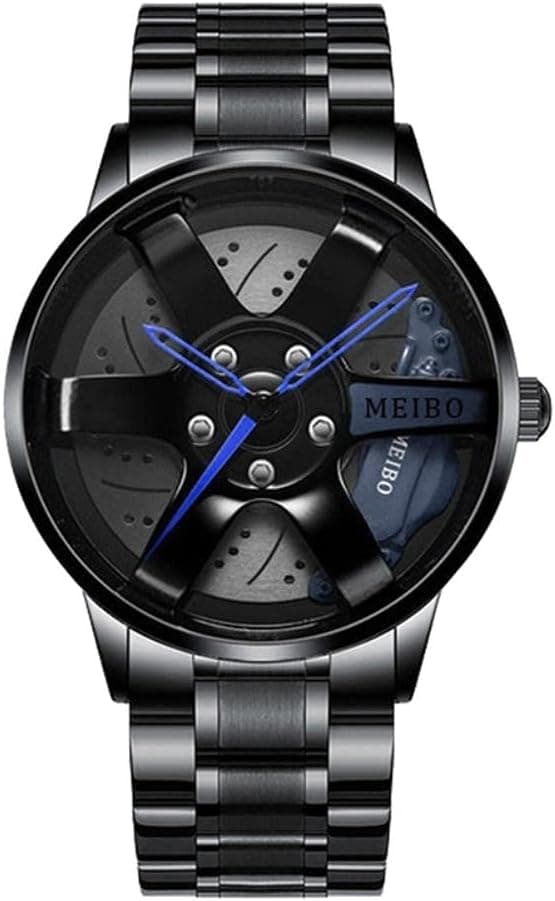 Montre de Roue de Voiture, Montre-Bracelet pour Homme en Acier Inoxydable avec Conception de Moyeu de Jante de Voiture, Montre de Sport, Conception de Roue Creuse 3D pour Hommes