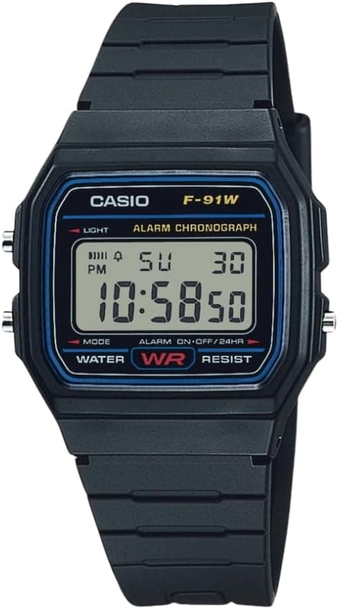 Casio Montre à Quartz Classique série F91W | Résistante à l'eau | Chronomètre 1/100 Seconde | Alarme Quotidienne | Signal horaire | Calendrier Automatique | Boîtier SS | Format 12/24 Heures, Noir, No