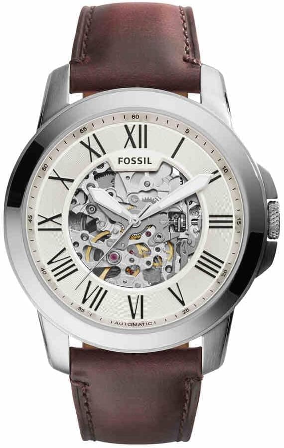 Fossil Montre pour Homme Grant, Mouvement Mécanique Automatique, Boîtier en Acier Inoxydable Argenté de 45 mm avec Bracelet en Cuir, Me3099