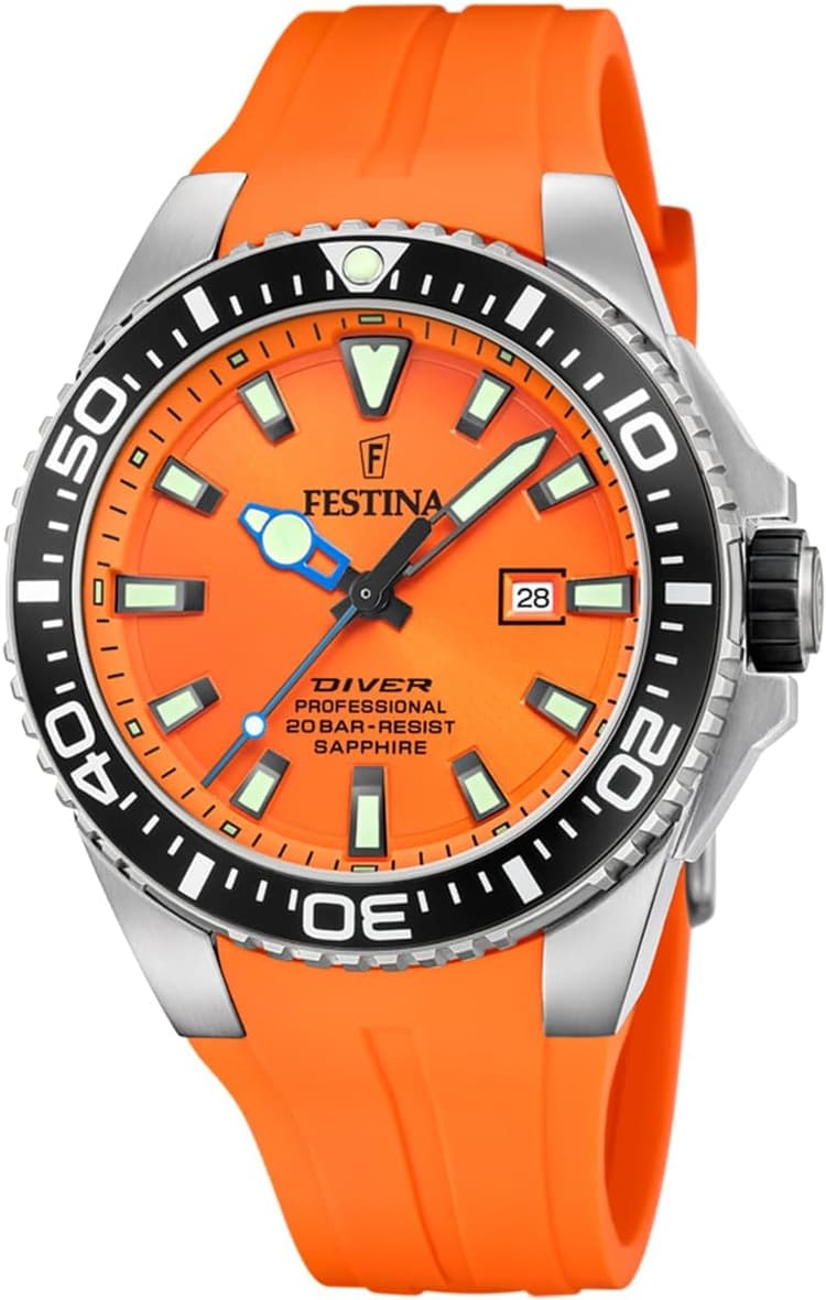 Festina Montre Homme Analogique avec Bracelet en Caoutchouc Orange - Mouvement Quartz - Calendrier - Verre Saphir Haute Résistance - Étanche 20 ATM F20664/4 The Originals
