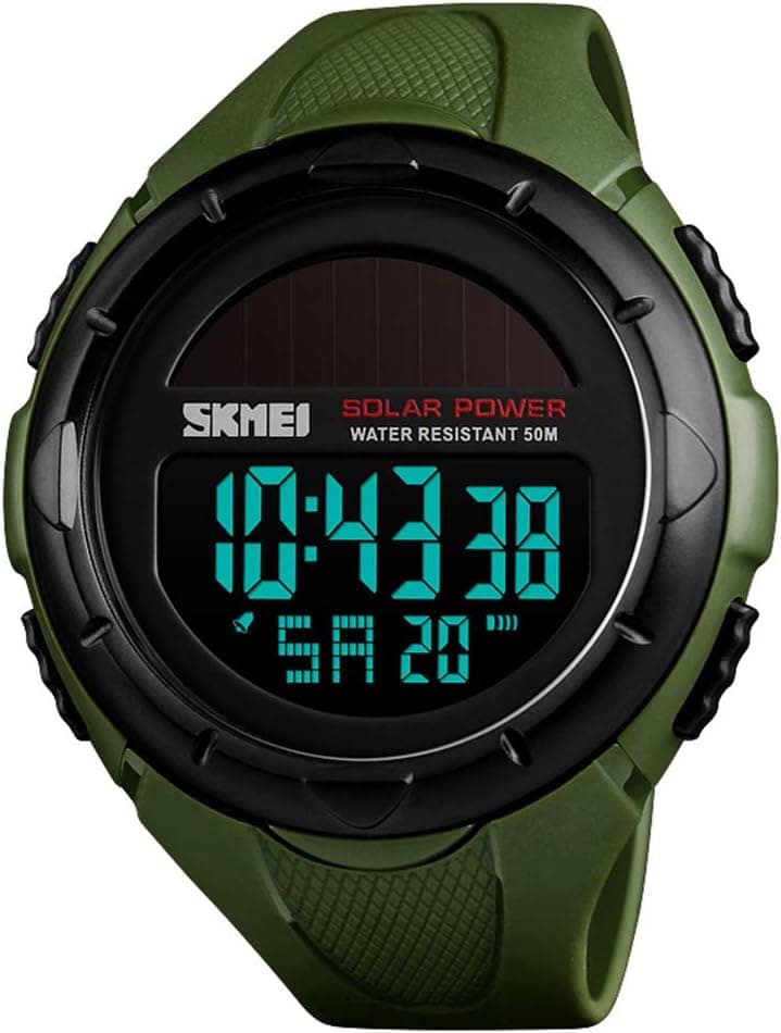 Skmei Montre de Sport numérique Solaire pour Homme, étanche à 50 m, Grand Cadran Noir avec chronomètre, Alarme et LED résistante aux Chocs