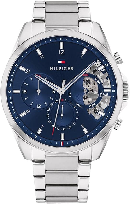 Tommy Hilfiger Montre Analogique Multifunction à Quartz pour homme avec Bracelet milanais en acier inoxydable et en piel