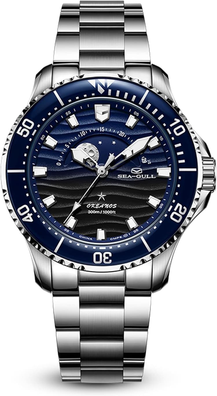 SEA-GULL Seagull 816.32.1215 Montre Homme 43.5mm 300m Étanche Automatique Mécanique Phase de la Lune Montre Lumineuse Homme Bleu Bracelet