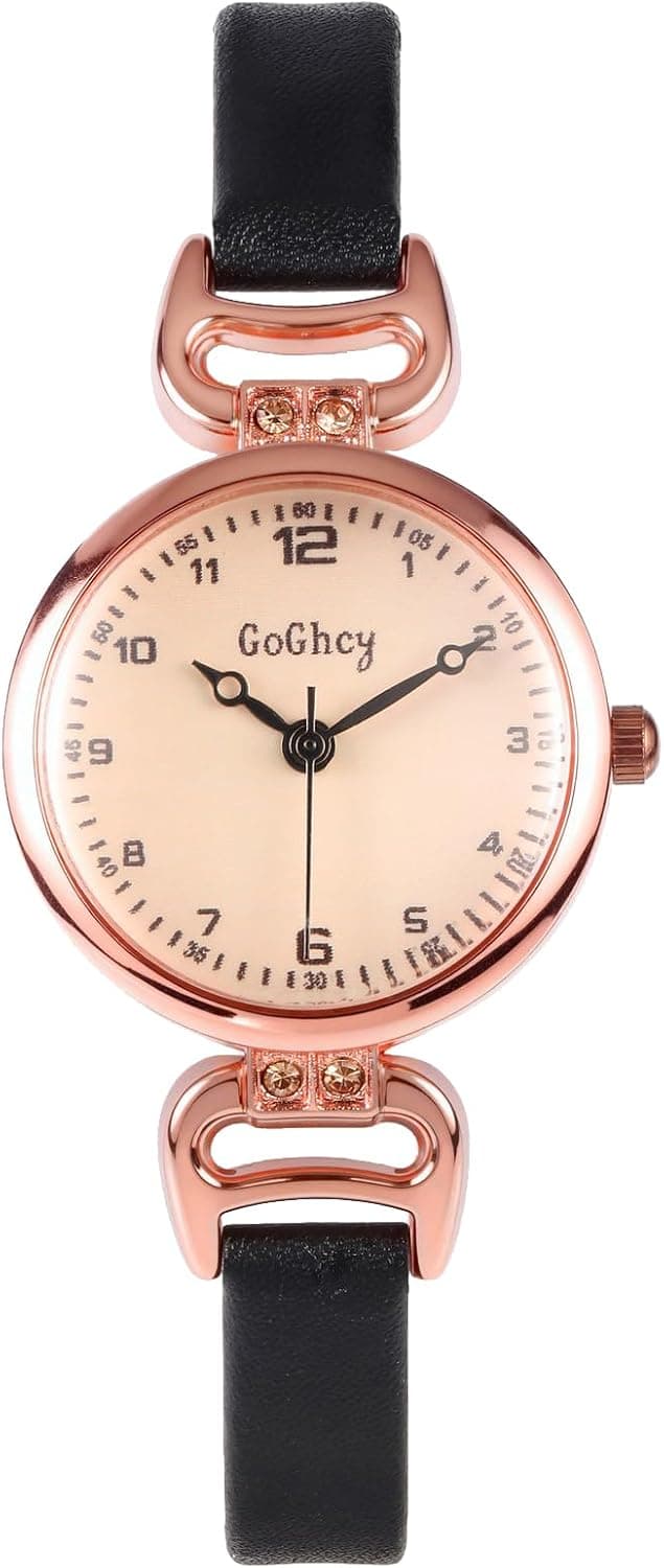 Montre pour Femmes avec Bracelet Étroite en Cuir, Vintage Montre Analogique Quartz Cadran Boîtier Or Rose 12 Heures et Minutes, Montres Rétro Facile à Lire Bracelet Fin pour Filles Femmes