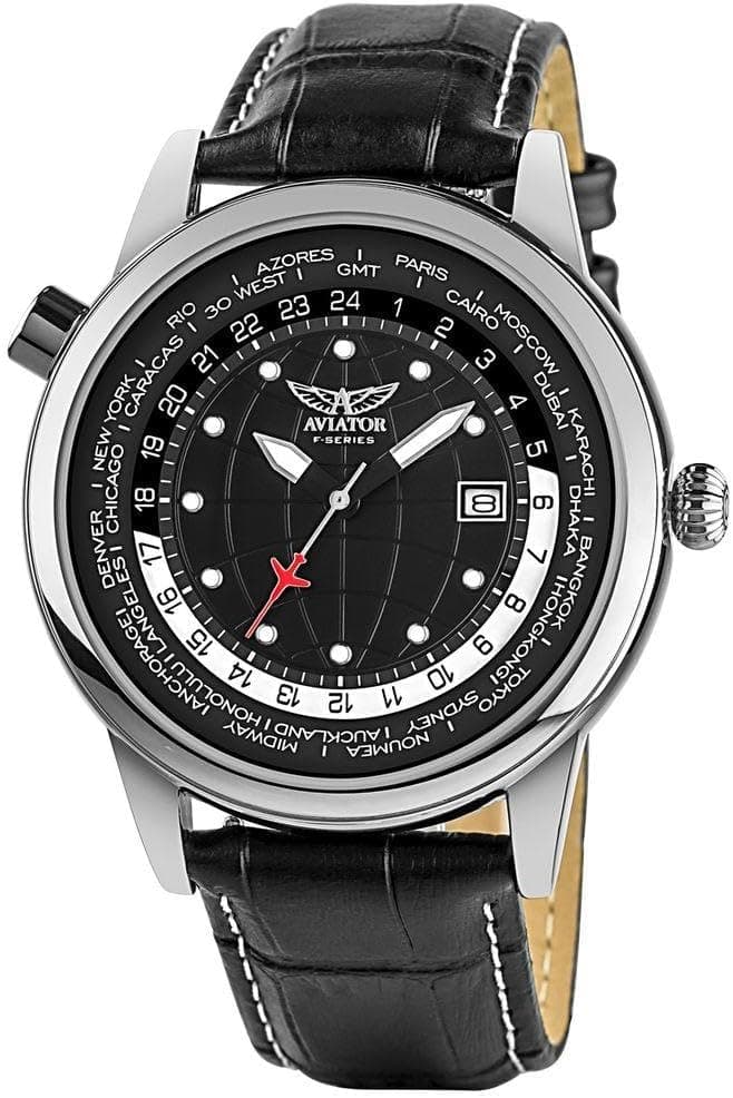 Aviator Montre pour Homme à Trois Aiguilles des Villes du Monde - Série de Vol Classique Quartz Collection Aviateurs - Bracelet en Cuir Noir Authentique 3 ATM Montre-Poignet Pilote