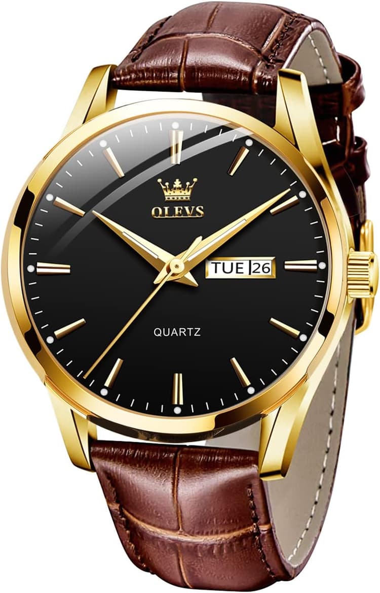 OLEVS Hommes Montre en Cuir Brun BoîTier en Or Analogique Quartz Mode Casual Business Dress Montre - Bracelet Date Night Light ImperméAble
