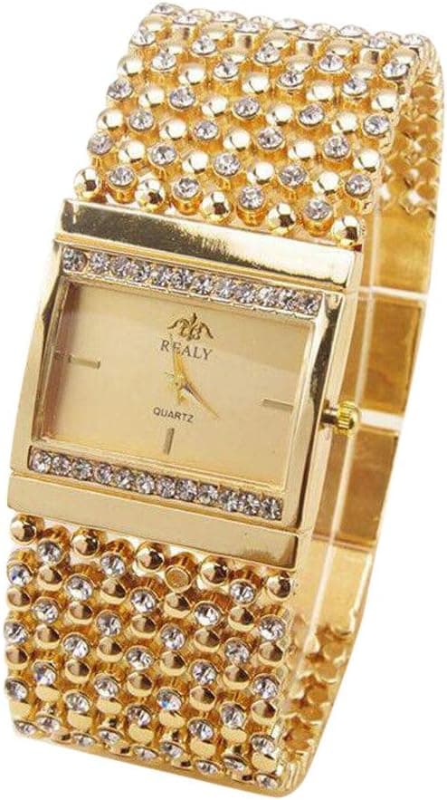 Montre Femme Acier Inoxydable Analogique Acier GD Strass Montre Quartz Poignet Cristal Bijoux Fantaisie Lot (1-Gold, One Size)