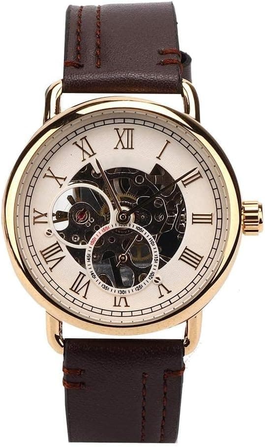 Montre mécanique Semi-Automatique étanche évider Montre-Bracelet mécanique for Hommes remontage Manuel en Acier Inoxydable et Montre-Bracelet en Cuir(3#)