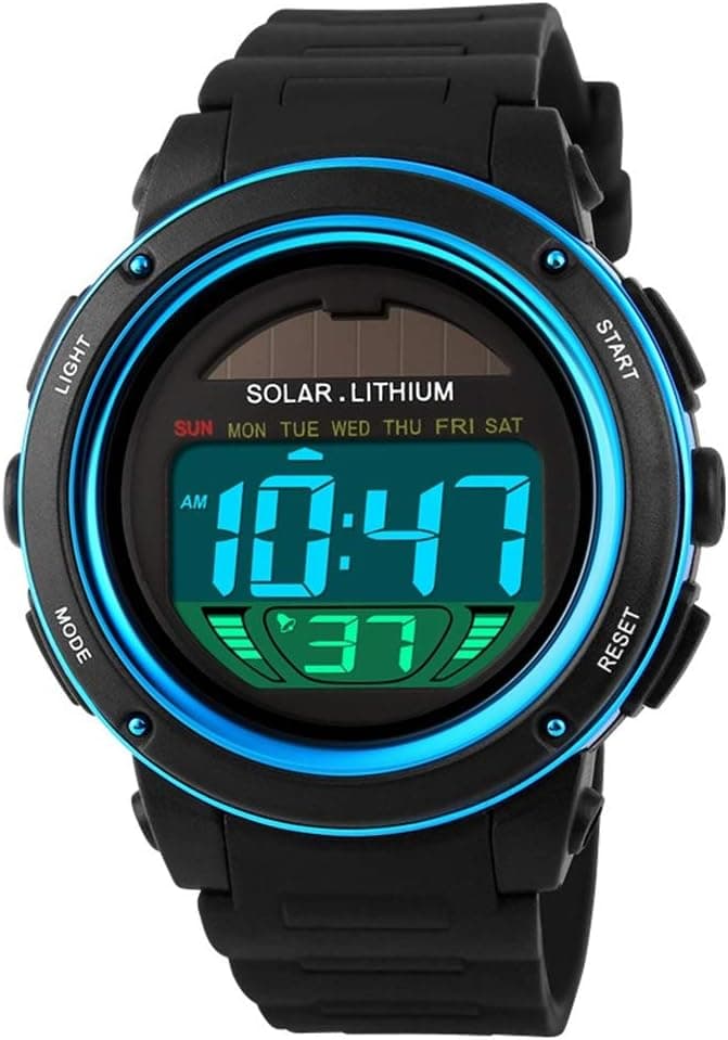 Solaire Montres Bracelet de Mixte 5ATM Étanche Plastique de la Lunette et Caoutchouc Ruban Outdoor Militaires Multifonctionnel LED Digital Sport Montre de Homme ER Femme, Bleu
