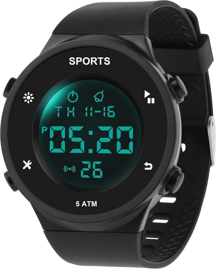 OFFCUP Montre Digitale Homme, Étanche Montre Sport, Rétro-Éclairage LED Montre Numérique avec Grand Cadran, Alarme Chronomètre Montre Bracelet en PU pour Hommes Garçons