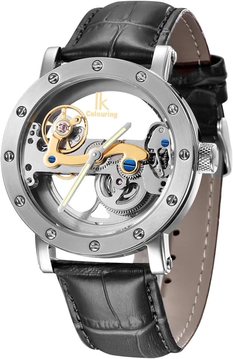 Alienwork IK Montre Automatique Homme Femme Squelette Mouvement de Pont Fond de Verre
