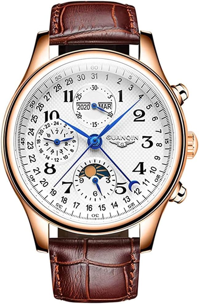 Guanqin Montre mécanique multifonction à remontage automatique en cristal saphir pour homme - Phase de lune - Calendrier perpétuel - Étanche - Bracelet en acier inoxydable ou en cuir