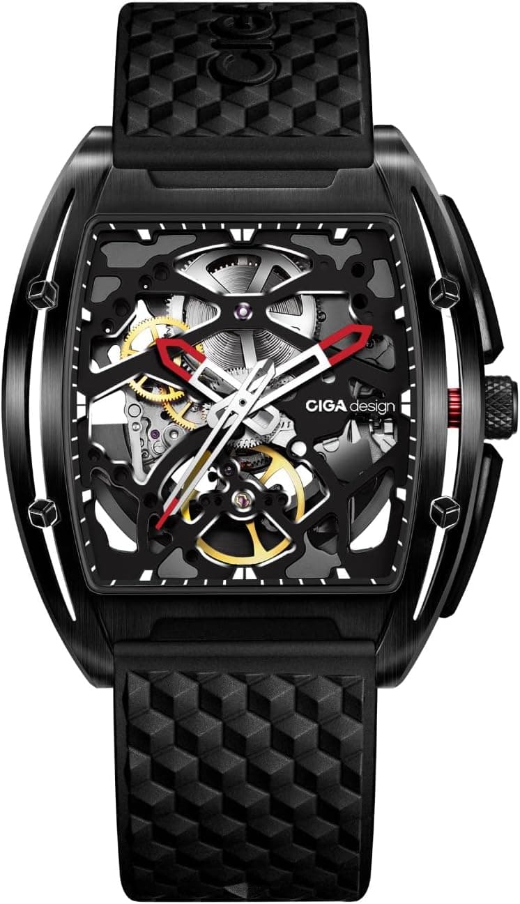 CIGA Design Montre Automatique Homme - Série Z Montre Bracelet Mécanique Squelette Tonneau en Acier Inoxydable Cristal Saphir avec Bracelet en Silicone