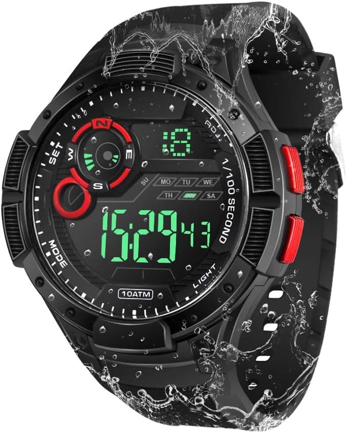 Montre Résistant l'eau 10 ATM 100m Lumineux Montre de Natation Submersible avec Fonctions Réveil, Chronographe, Double Fuseau Horaire, Format 12/24 Heures Sélectionnable