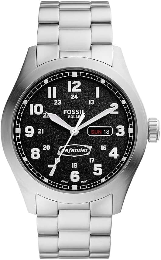 Fossil Montre pour Homme Defender, Mouvement Solaire, boîtier en Acier Inoxydable argenté de 40 mm avec Bracelet en Cuir ProPlanet, FS5975