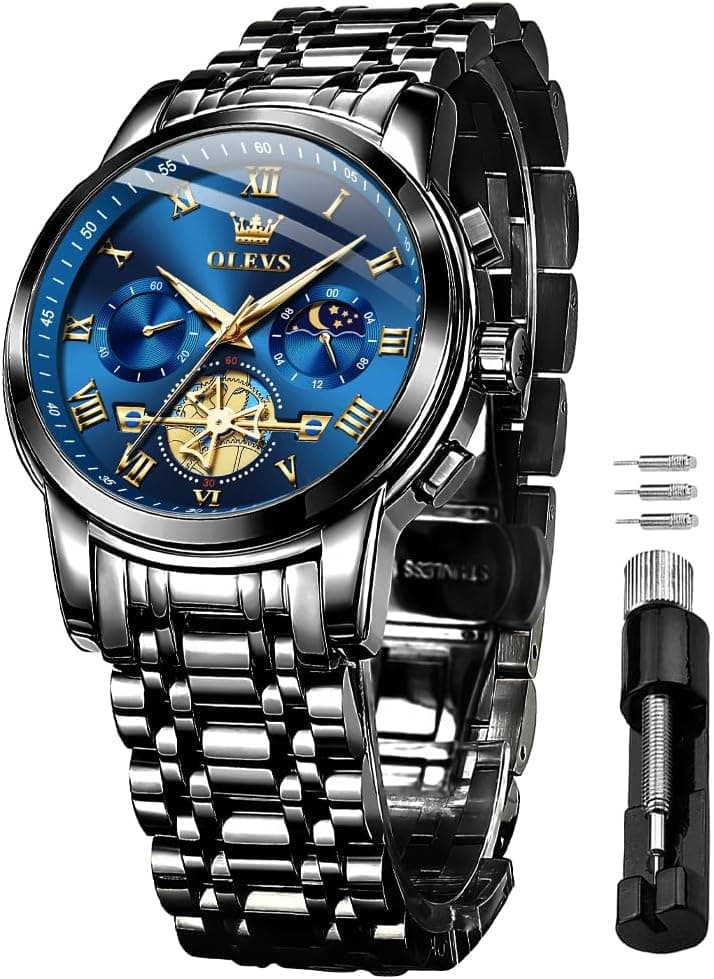 OLEVS Hommes Doré Argent Chronographe Montre Quartz Business Montre De Luxe en Acier Inoxydable éTanche Night Light Moon Phase