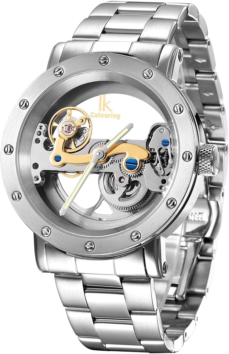Alienwork IK Montre Automatique Homme Femme Squelette Mouvement de Pont Fond de Verre