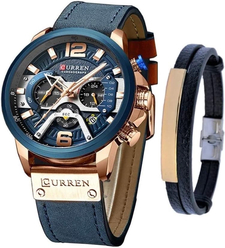 Montre de luxe pour homme - Bracelet en cuir - Chronographe et bracelet tendance - Bleu ou noir - Design militaire - Étanche - Cadeau, Bleu, Montre à quartz, chronographe