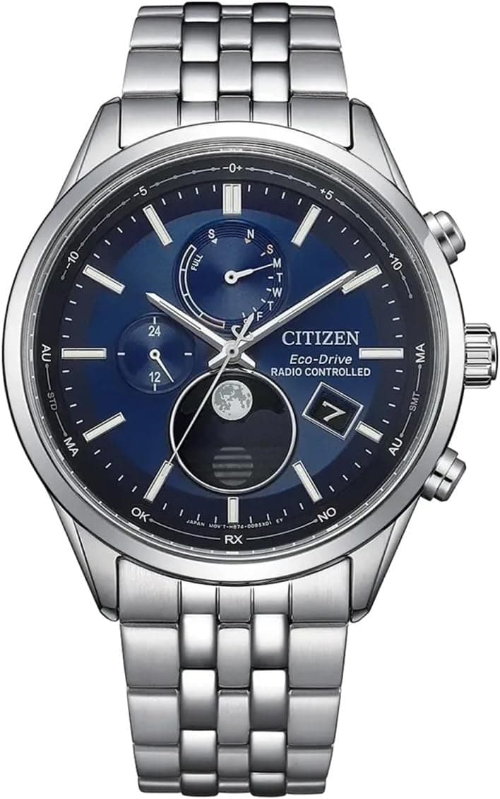 Citizen BY1030-50L Montre solaire radio-pilotée pour homme avec phase de la lune en acier inoxydable argenté avec bracelet à maillons