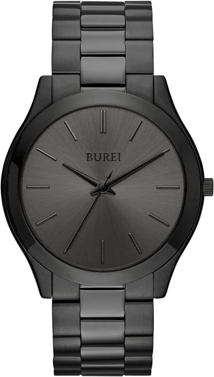 BUREI Montre analogique à Quartz Fine et Minimaliste en Acier Inoxydable pour Homme - Mouvement Japonais - 44 mm - Grand boîtier