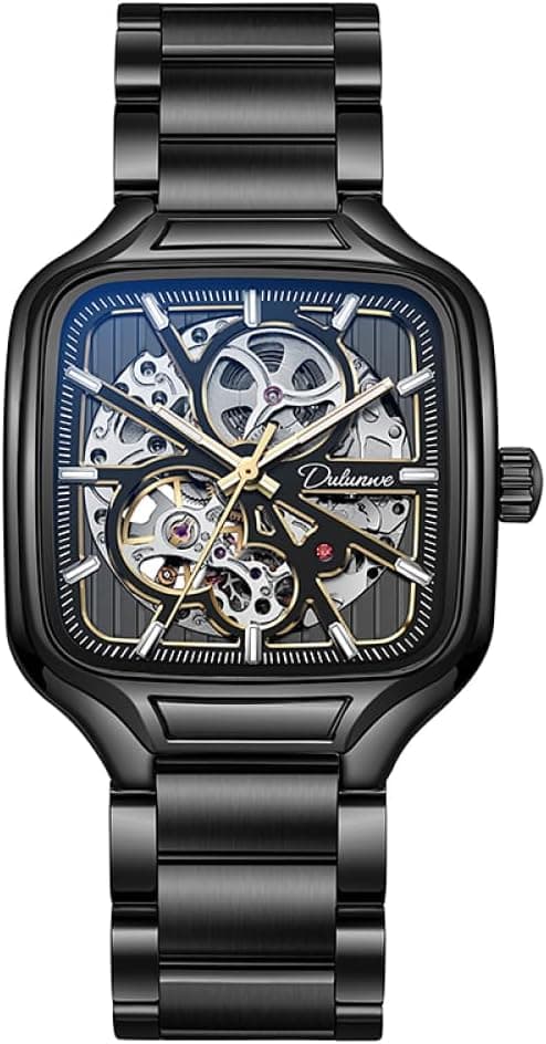 Montre squelette pour homme en acier inoxydable avec cadran carré lumineux et automatique