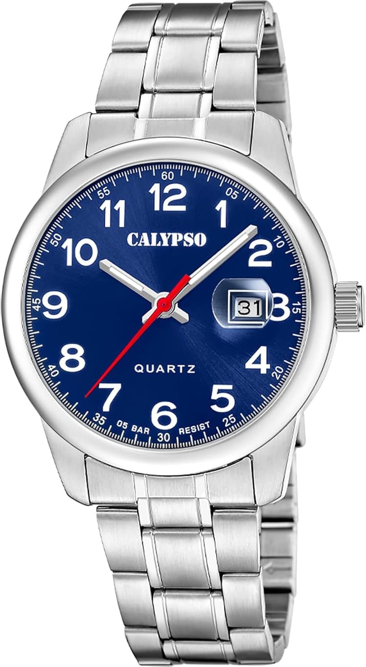 Calypso Montre Homme Analogique Acier INOX 316L Argenté - Quartz - Calendrier - Verre Minéral Résistant - Étanche 5 ATM K5872/4 Basic