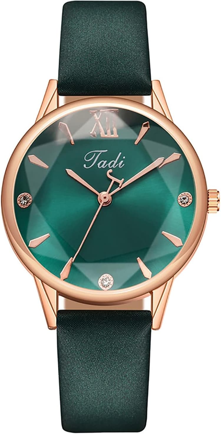 Montre à remontage pour femme sans pile avec cadran en cuir - Cadeau tendance - Montre à quartz élégante - Montre minimaliste pour femme - Sans pile (#3-vert, taille unique)