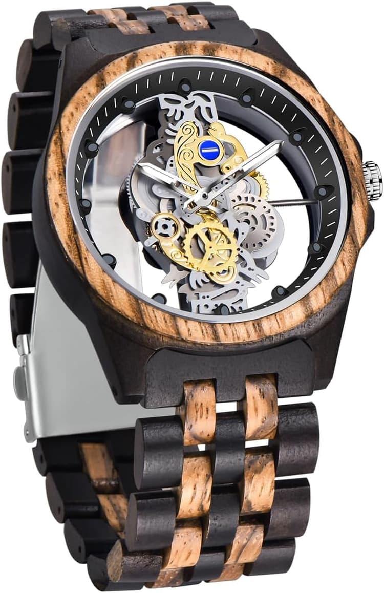 Tiong Montre en Bois pour Hommes Montre en Bois géométrique inversée Montre à Quartz créative pour Hommes Montre en Bois Marron/coloré