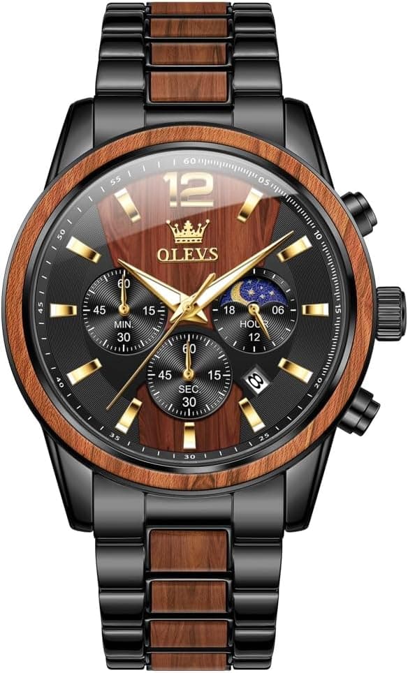 OLEVS Montre analogique à quartz pour homme - En bois - Montre de luxe - Chronographe - En acier inoxydable - Étanche - Lumineuse - Cadeau pour homme