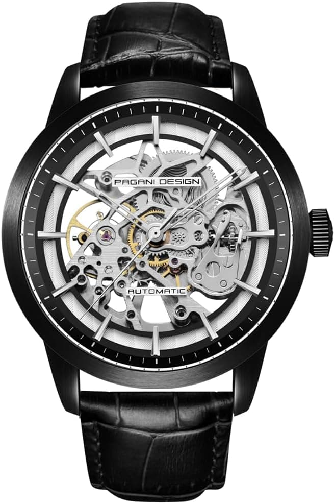 Pagani Design 1638 Montre à remontage automatique pour homme avec cadran squelette et bracelet en cuir véritable Style décontracté