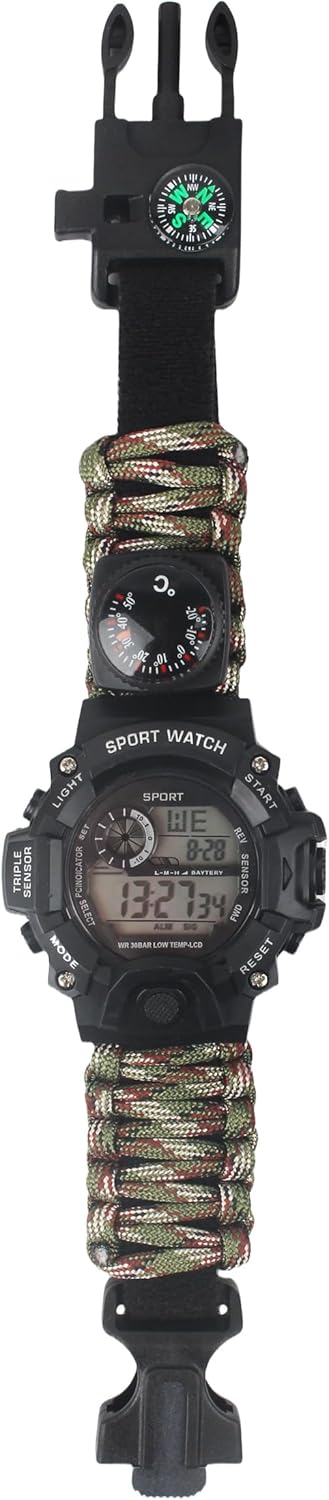 Montre Digitale Militaire de Survie Multifonction Extérieure pour Hommes, Bracelet Étanche Boussole Thermomètre Sifflet Silex Bâton Rétroéclairage