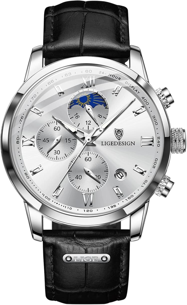 LIGE Montre Homme Etanche Cuir Montres Hommes Rétro Élégante Analogique à Quartz Chronographe Date Phase de Lune Aiguilles Luminescentes Vintage Waterproof Mens Watches,Or et Noir
