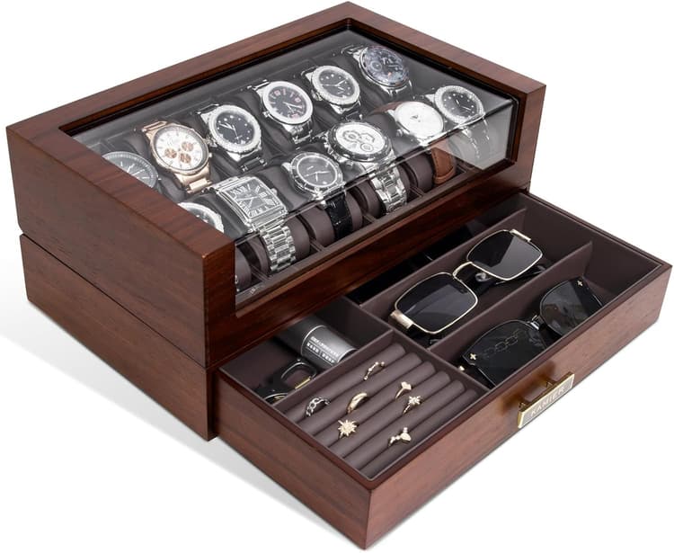 Boîte de montre haut de gamme pour homme 12 compartiments en bois avec tiroir, couvercle en verre, support de bijoux et montres