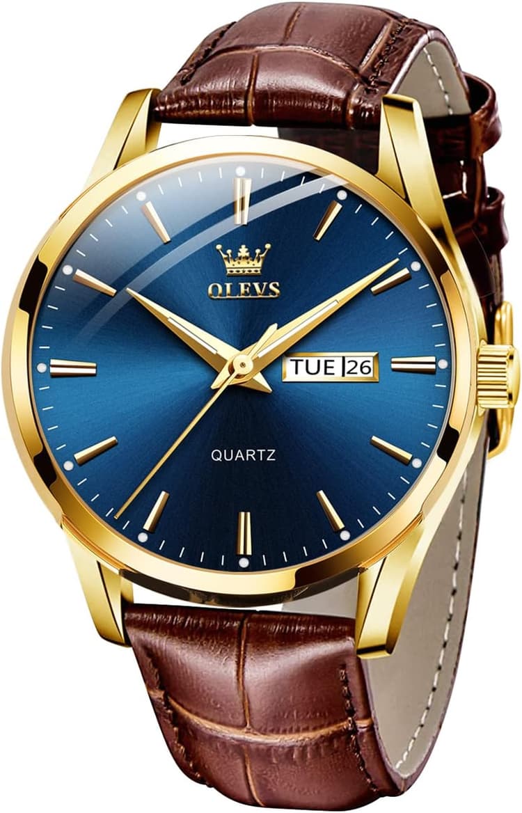 OLEVS Hommes Montre en Cuir Brun BoîTier en Or Analogique Quartz Mode Casual Business Dress Montre - Bracelet Date Night Light ImperméAble