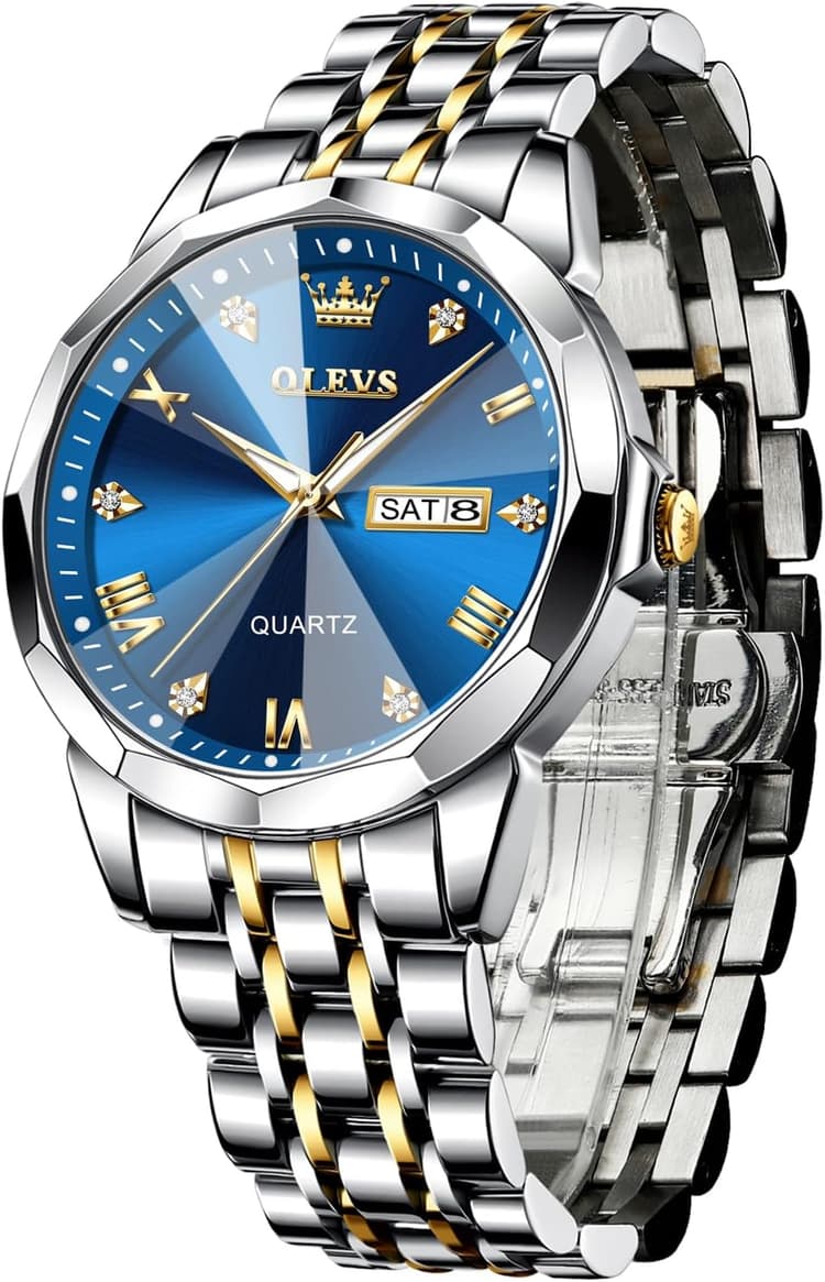OLEVS Montres pour Hommes Diamond Business Wear analogique Quartz Acier Inoxydable étanche Lumineux Date Bicolore Luxe Casual Watch