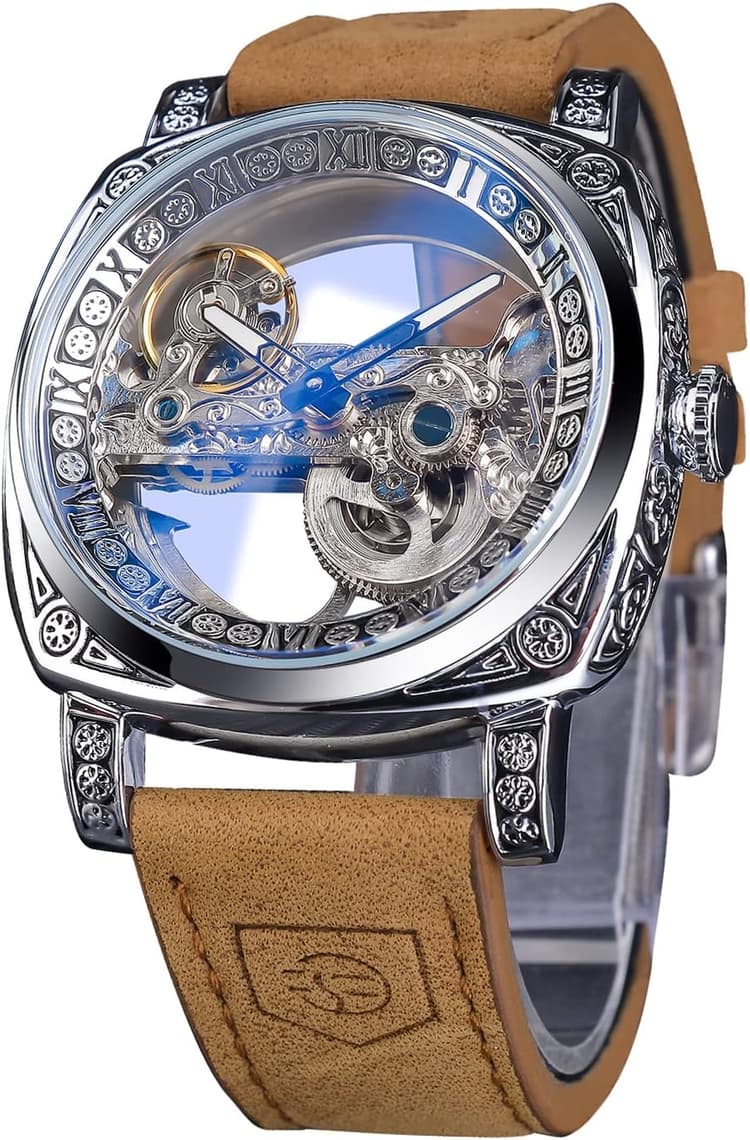 FORSINING Montre pour homme tendance classique squelette carré transparent automatique mécanique bracelet cuir lumineux étanche