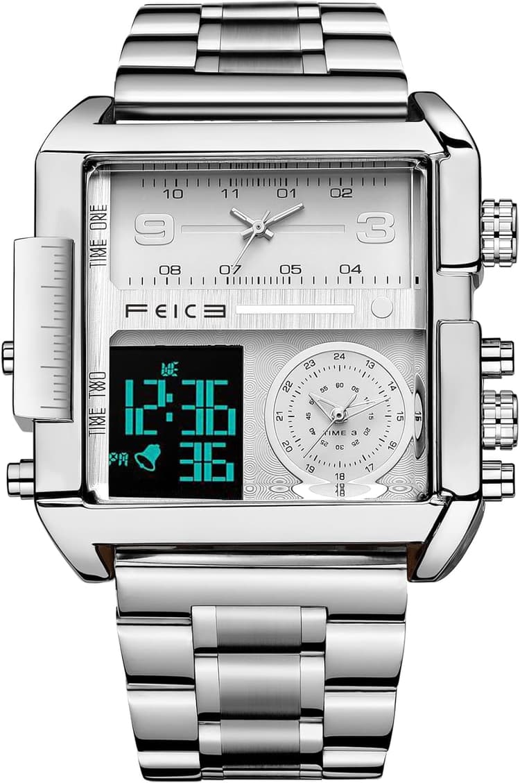 FEICE Montre à Quartz pour Homme Montre Homme Original Rectangulaire Multi-Fonction Chronographe 24H Calendrier Carré Digital - FK030