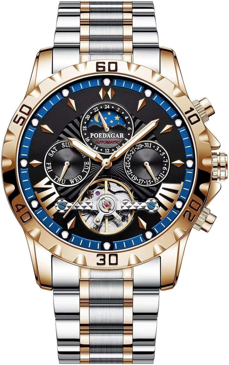 FORSINING Tourbillon Montre pour homme à remontage automatique - Bracelet en acier inoxydable - Phase de la lune - Montre mécanique - Affichage analogique de la date