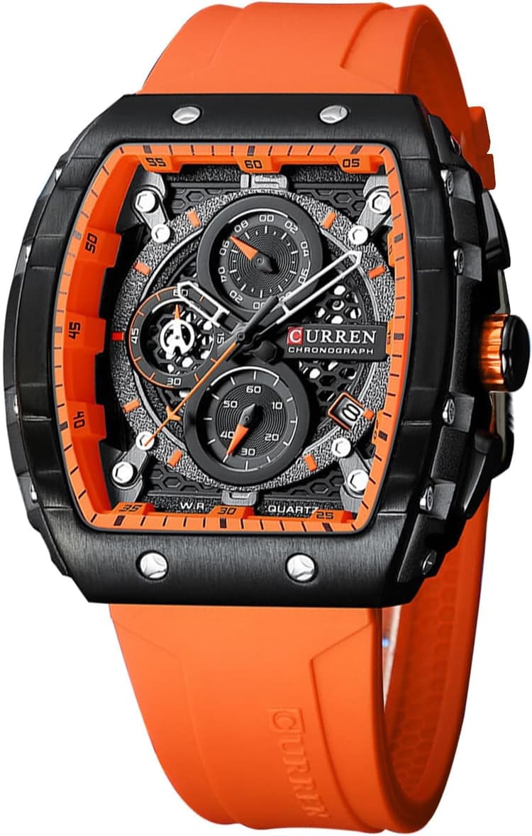 FORSINING Montre analogique à quartz pour homme - Grand cadran rectangulaire - Bracelet en silicone - Étanche - Calendrier - Date