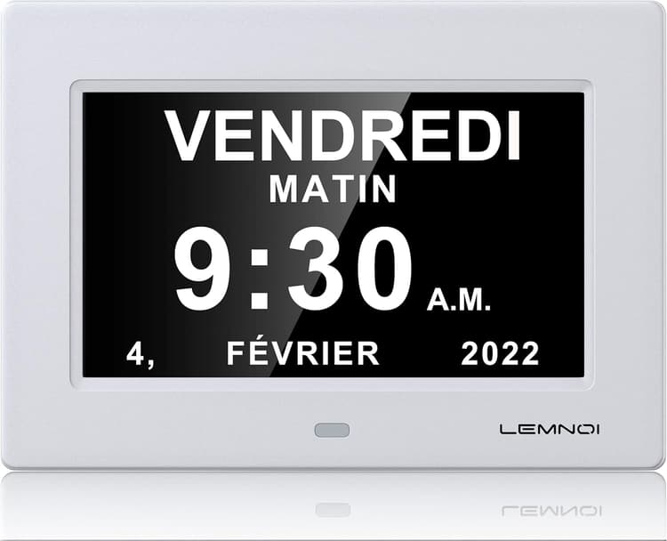 LEMNOI 7" Pouce LCD Horloge Numérique Calendrier avec Date Jour Et Heure Horloge Non-Abrégée Auto Dimming 8 Langues HD Display Rappel pour Alzheimer Les Personnes âgées et Les Enfants (Blanc)