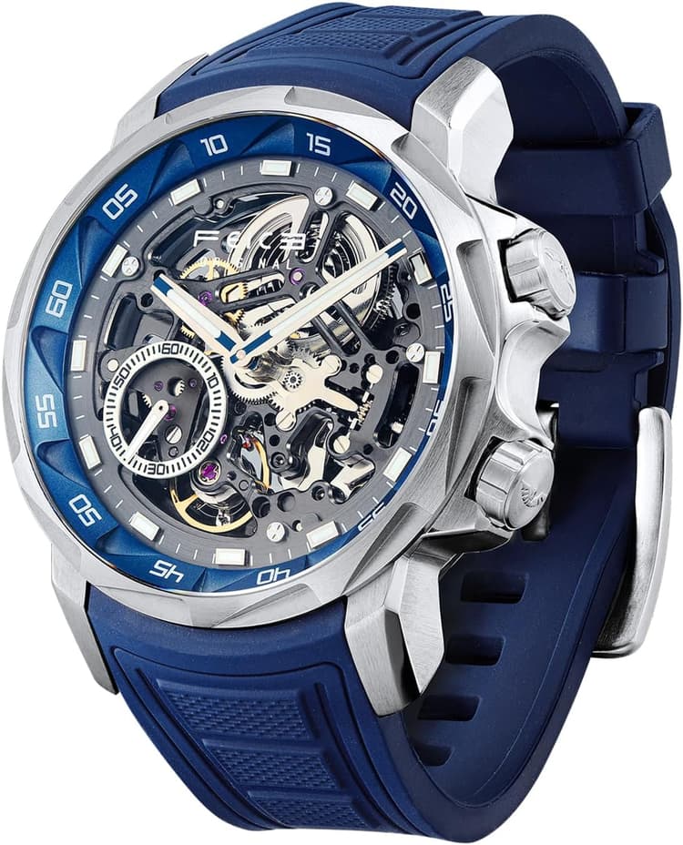 FEICE Montre Squelette Homme Automatique Verre Saphir avec Bracelet en Caoutchouc Bleu Boîtier en Acier Inoxydable 46mm FM511