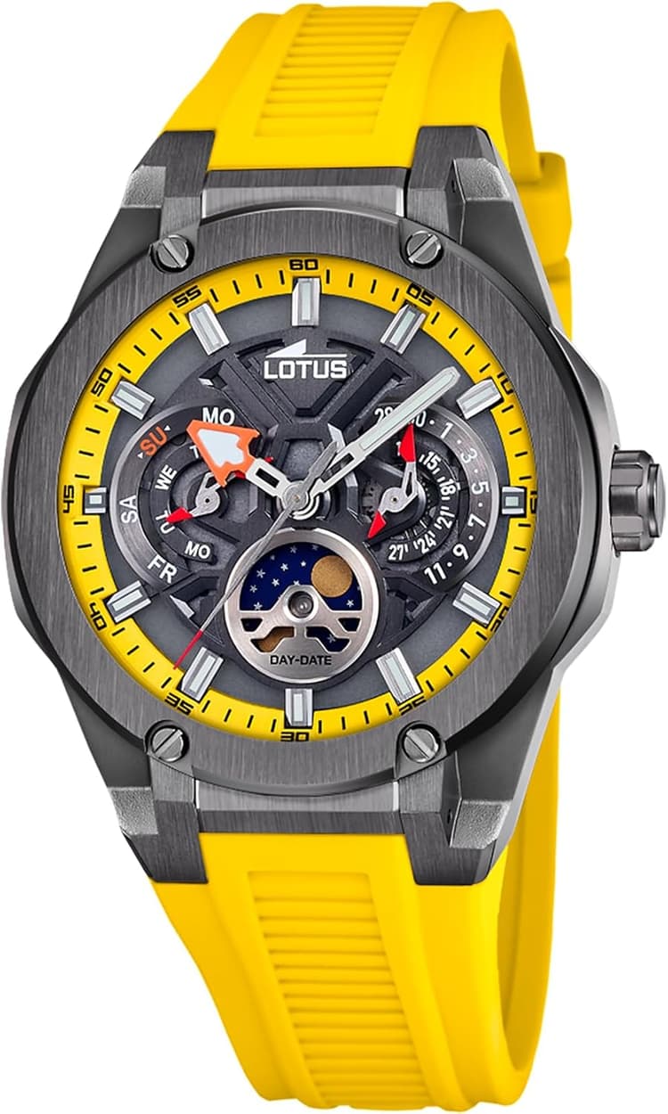 LOTUS Montre Homme Analogique Phase de Lune Caoutchouc Jaune - Quartz - Calendrier - Verre Minéral Résistant - Étanche 10 ATM - Multifonction 18946/1 Vortex