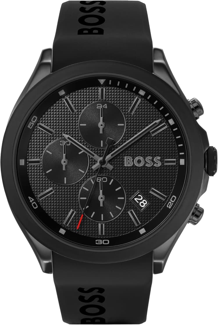 BOSS Montre Chronographe Quartz Homme 44 mm Collection VELOCITY avec Bracelet en Silicone, Fonction Date, 3 Sous-Cadrans, Résistance à l'Eau 5ATM