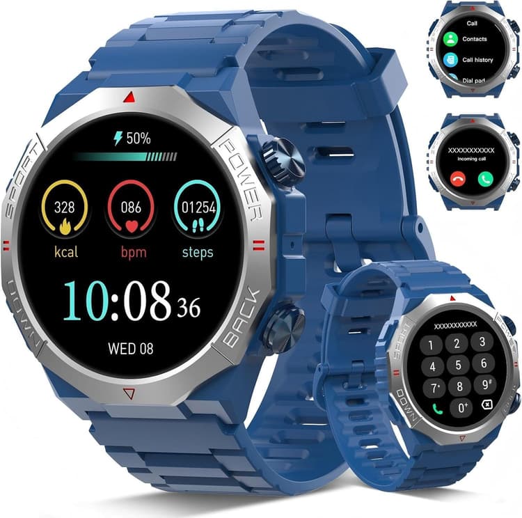 Montre Connectée Homme, Militaire Smartwatch avec Appel Bluetooth, 1.39" HD Smart Watch Homme avec 110+ Modes Sportifs/Cardiofrequencemetre/Sommeil, Etanche IP68 Montre Intelligente, Bleu