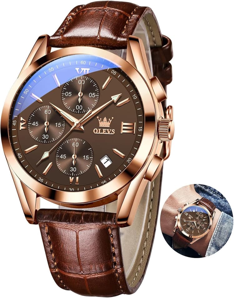 OLEVS Montre tendance et lumineuse pour homme - Grand cadran - Multi chronographe - Montre lumineuse - Montre analogique étanche avec date - Cadran marron/noir/blanc/bleu