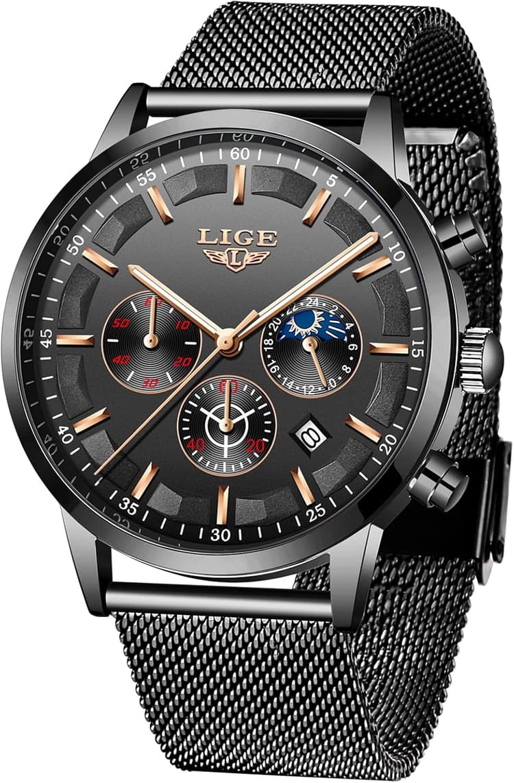 LIGE Hommes Montres Mode Noir Acier Inoxydable Imperméable Chronographe Quartz Analogique Regarder pour Homme Affaires Habiller Regarder