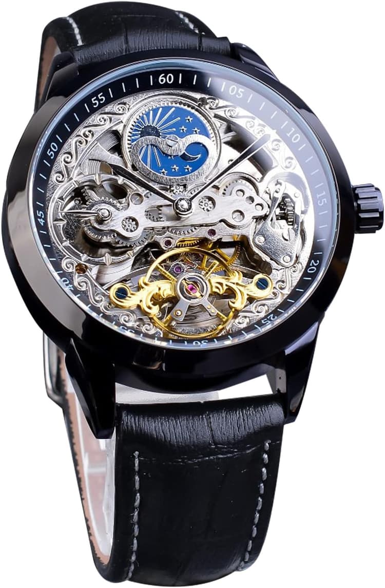 FORSINING Montre pour homme Tourbillon Phase de lune automatique Montre-bracelet en cuir Mode Business Squelette Montres de luxe à remontage manuel